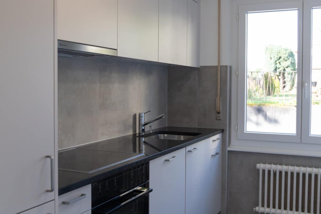Rénovation d'une cuisine à Pully. Mobilier de cuisine et sanitaire