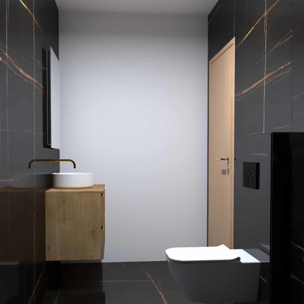 Modélisation 3D d'une salle de bain avant rénovation avec carrelage imitation et peinture sur carrelage blanche